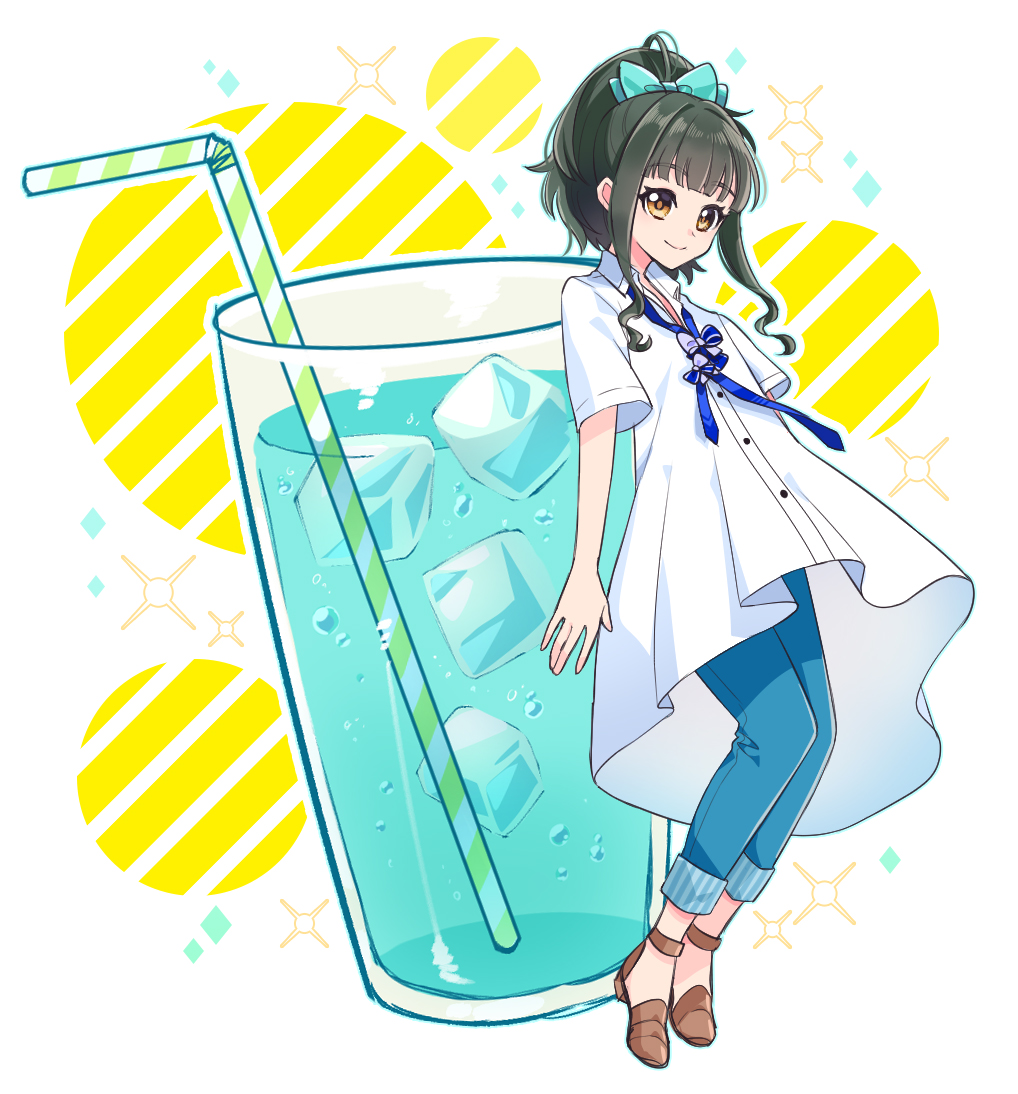 1girl solo ice cube ice smile drinking straw ponytail  illustration images