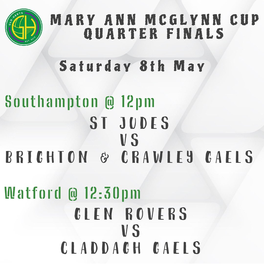 We return to play this weekend with the quarter finals of the Mary Ann McGlynn cup! 🏆 ➡️ @StJudesGAA vs @CrawleyBtnGaels ⏱ Throw in @ 12pm 📍 Southampton Rugby Club ➡️ @GlenRoversGAA vs @claddaghgaels ⏱ Throw in @ 12:30pm 📍 Radlett Road Watford #ladiesgaa #lgfa