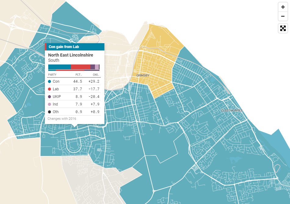 Labour defending seven of the twelve seats up in Grimsby and Cleethorpes this year. With eleven having declared, results are: CON: 10 (+8) LDEM: 1 (-1) LAB: 0 (-7) That and more over in our ward-by-ward map: newstatesman.com/politics/elect… #TheMap