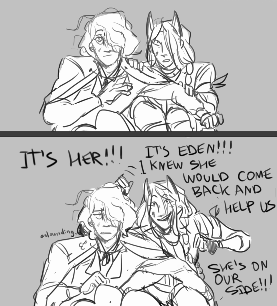 [nov 2019]
[guess who's back at it again with storyboarding for absolutely random bits of my ocs' story which no one yet knows but me, but HEY WHO WANTS PRETTY PICTURES]

meet Eden, a big smart royal guard lady who decided these losers are worth saving 