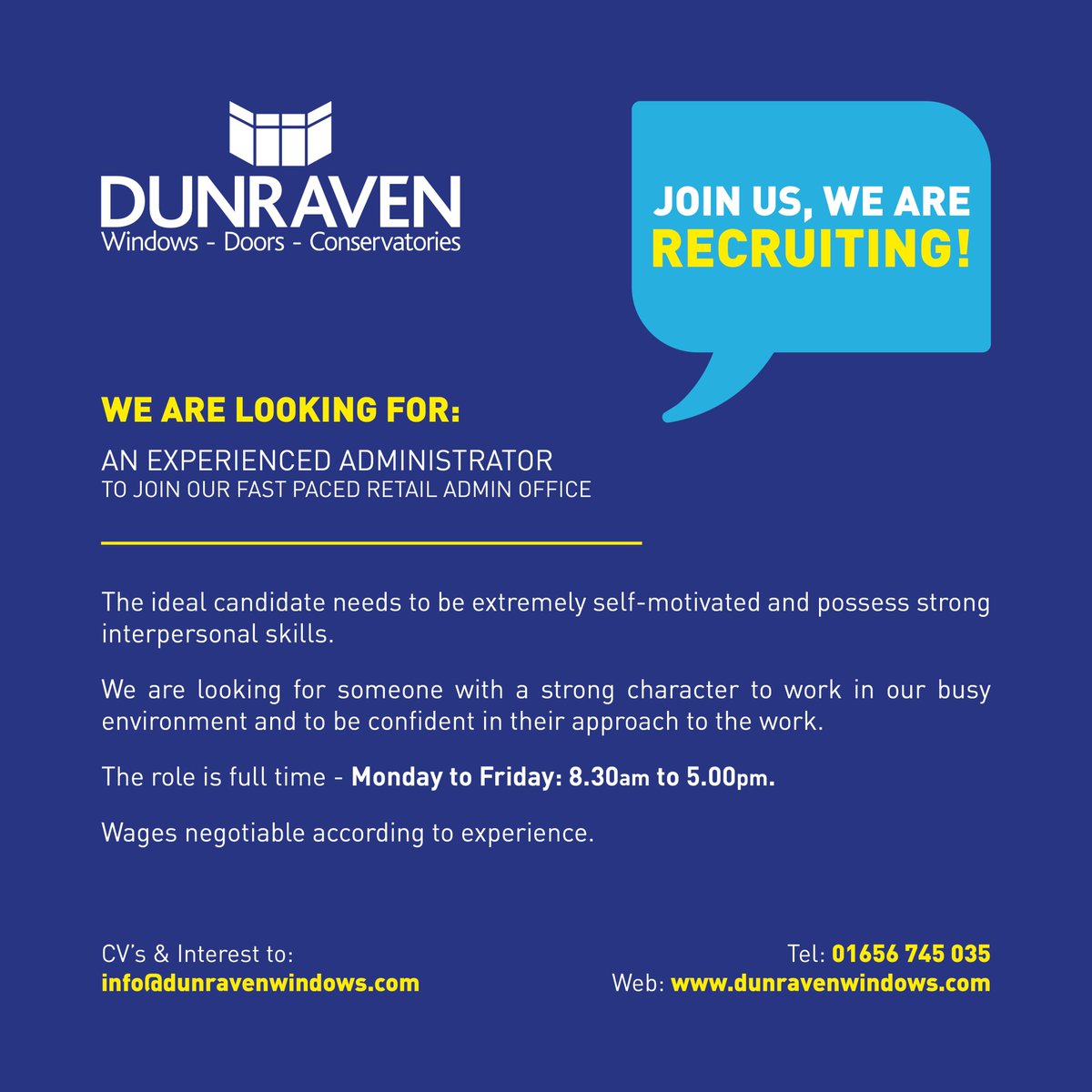DunravenWindows (@dunravenwindows) on Twitter photo Join the Dunraven Windows team! Please direct your CV's and interest through to: info@dunravenwindows.com
Thanks Join the Dunraven Windows team! Please direct your CV's and interest through to: info@dunravenwindows.com
Thanks