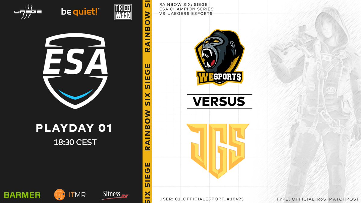 MATCHDAY

Heute gehts mal wieder ab für unsere R6 Main Team Jungs. Los gehts um 18:30 in der <a href="/ESA_SiegeEU/">ESA Siege Europe</a> 🆚 @JaegersEsports. <a href="/Froxxy4/">Fr0xXy</a> sollte mal aufhören 🐑 zu zählen sondern die gewonnen runden😎

Lineup:
➤ <a href="/Froxxy4/">Fr0xXy</a>
➤ @SkadiR6S
➤ @YazzenR6
➤ @AcidzR6
➤ @Varur6s

#WeSFamily