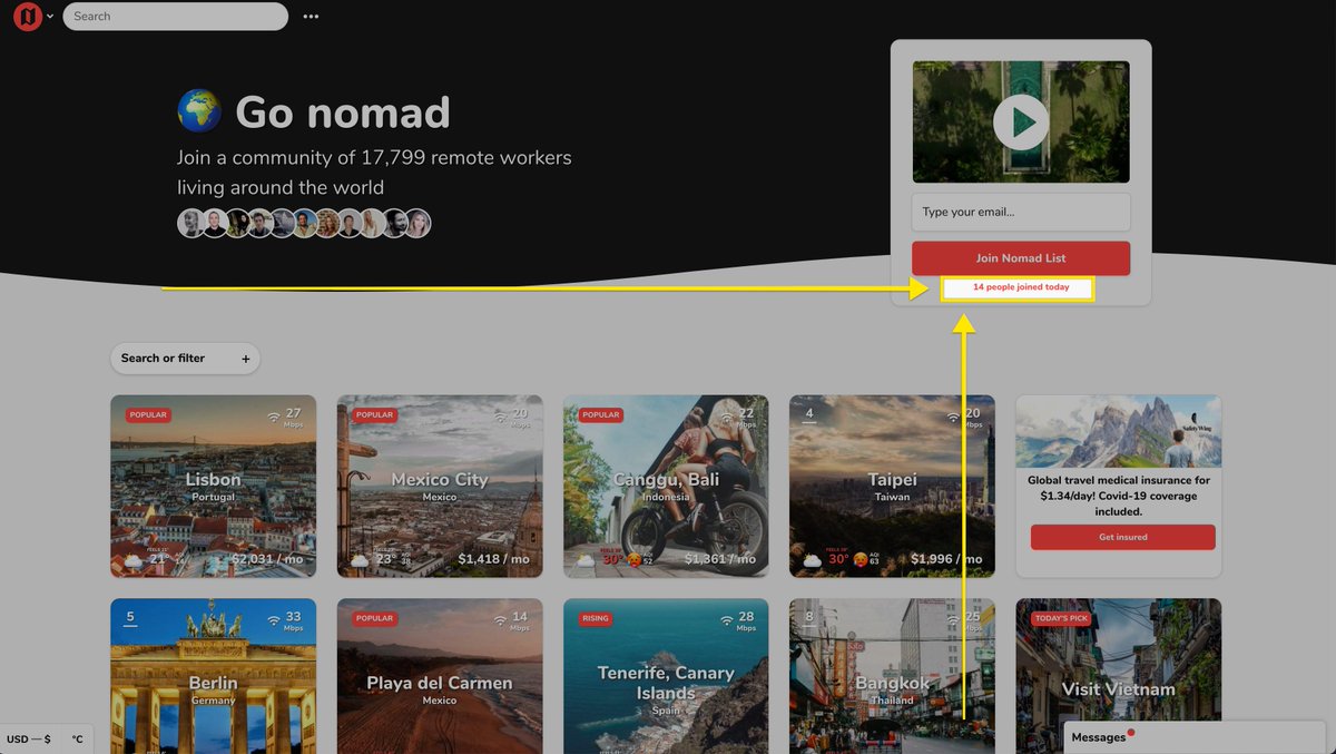Actionable advice: Use some number of customers/users/etc to show social proofWhy: It adds urgency, and reinforces people's need to do something 'someone else had made before'Who:  @NomadList Founder:  @levelsioExample: