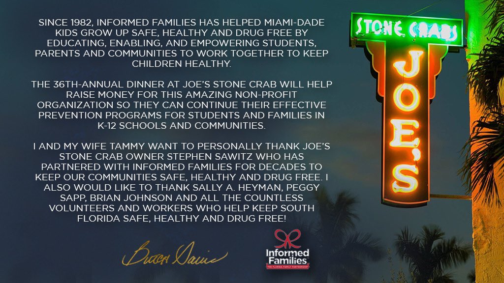 I and my wife Tammy want to personally thank all the countless volunteers at @InformedFamily and @joesstonecrab who make this a truly incredible event! For more information, go to informedfamilies.org.