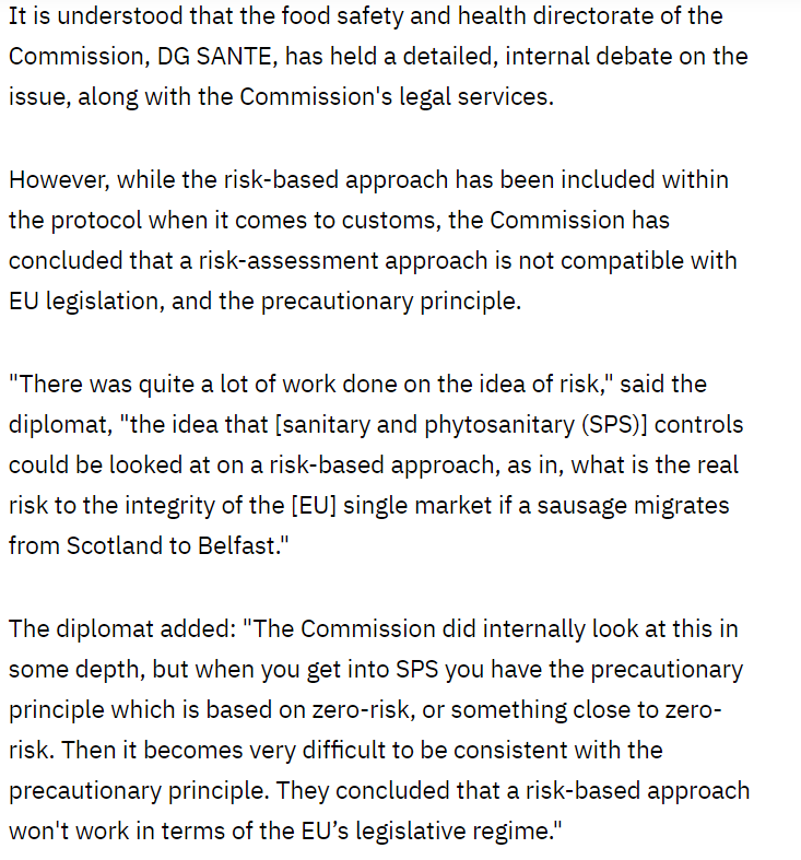 Most detailed (albeit unofficial sources) rebuttal to UK proposals on at risk approach to SPS under Protocol. Approach taken by EU here strikes me as a bit bizarre though not surprising. A few reasons why...1/  https://twitter.com/tconnellyRTE/status/1390595036849614851