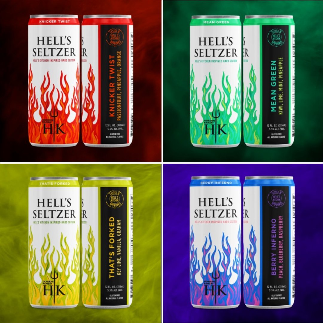 Introducing HELL'S SELTZER- the unapologetically bold hard seltzer by Chef Gordon Ramsay! These gluten-free, 5.5% ABV seltzers are inspired by menu items from various Hell's Kitchen restaurants. The flavors include Berry Inferno, Knicker Twist, Mean Green, and That's Forked. https://t.co/VBhPXb35rN