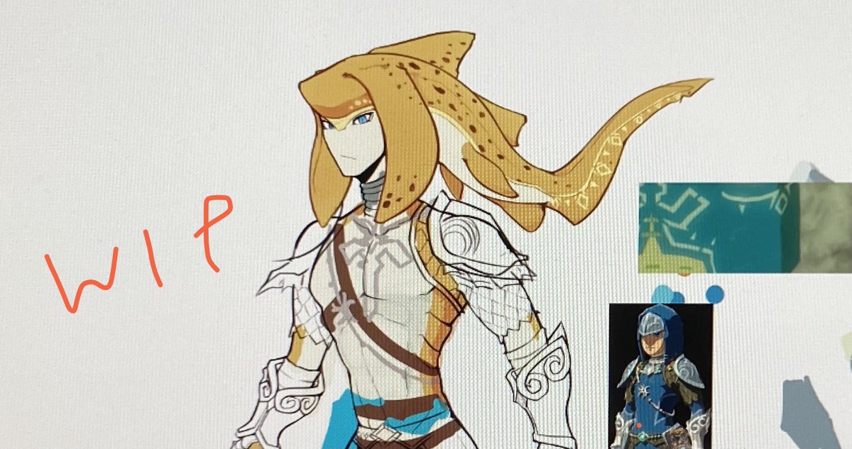 WIP of my Zora Link merging his tunic and zora armour together! 