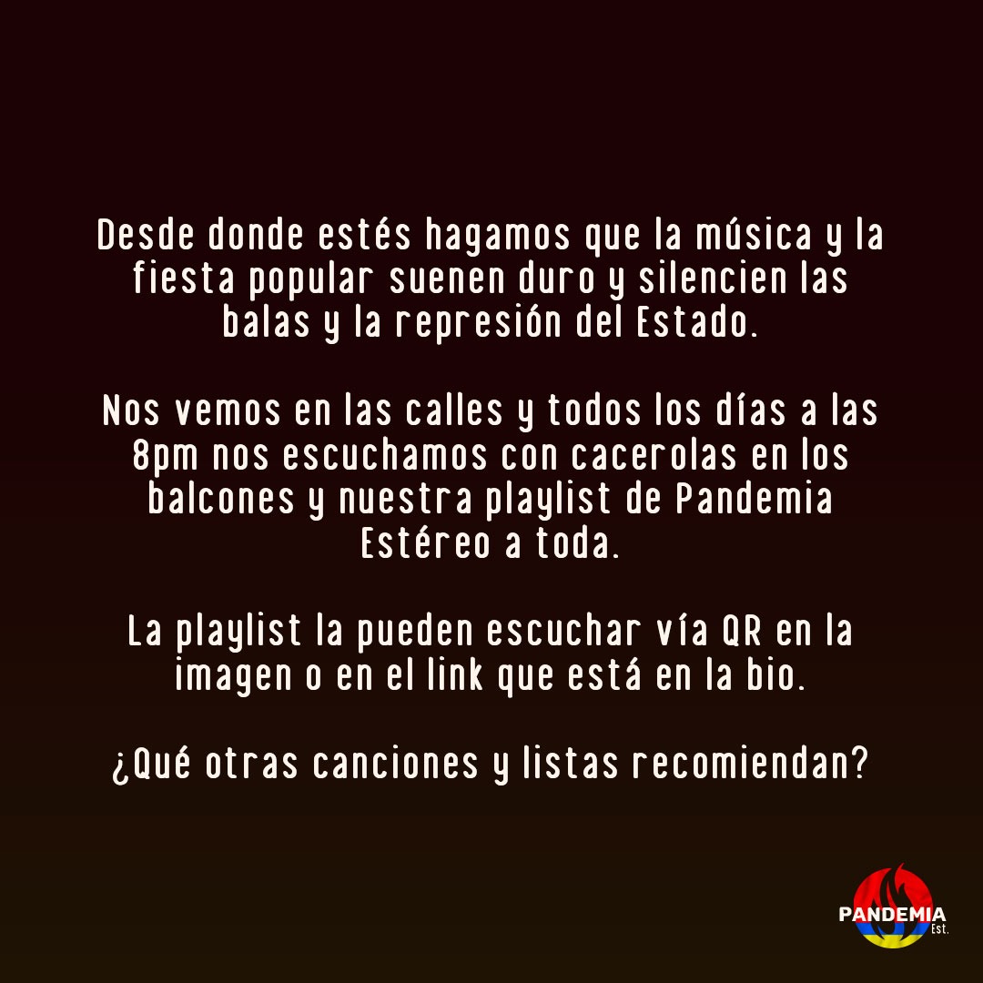 PandemiaEstereo's tweet photo. Que suene la música, no las balas.

#NosEstanMantando 
#ElParoSigue 
https://t.co/IowsOyqDS1 https://t.co/eECrqPsYW8