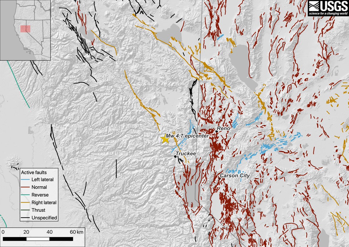 The earthquake occurred here, about 20 km or 13 miles northwest of Truckee, California. The epicenter of the earthquake is shown with a yellow star, with active faults shown colored by their style of faulting.