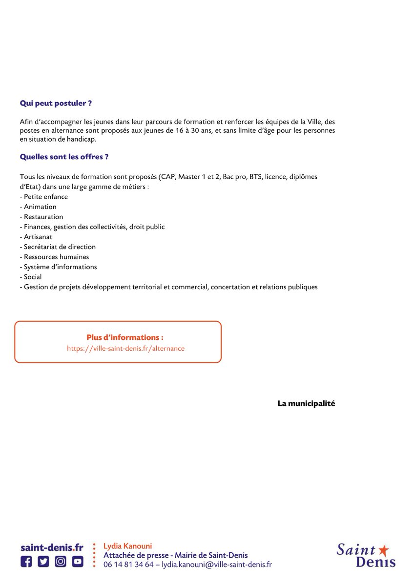 I COMMUNIQUÉ DE PRESSE I
La ville de Saint-Denis recrute 40 étudiant·e·s en alternance

⬇️ Retrouvez le communiqué en ligne ⬇️
ville-saint-denis.fr/communique/la-…