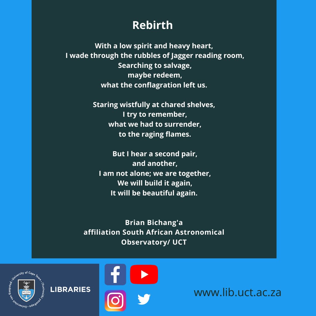 UCTLibrary's tweet photo. Lovely poem conveying the sadness we are feeling. Thank you so much Brian Bichang'a #jaggerlibraryrecovery #uctwillriseagain #UCTFire #lovemylibrary #jaggerlibrarysalvage If you have any messages or want to volunteer please do so via https://t.co/REWUDa5y1A https://t.co/Drfr3jSyt6