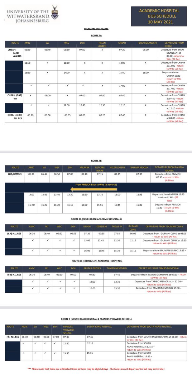 Good Afternoon. Please find herewith the updated General Campus Bus Schedule and updated Academic Hospital Bus Schedule, effective from 7 May 2021. Keep safe and keep well. Thank you.