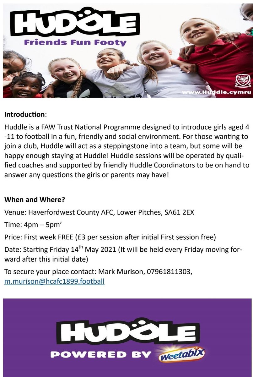 HaverfordwestFC's tweet image. Huddle is coming soon 🙌

Secure your place now ⚽️

#huddle #girlsdevelopment