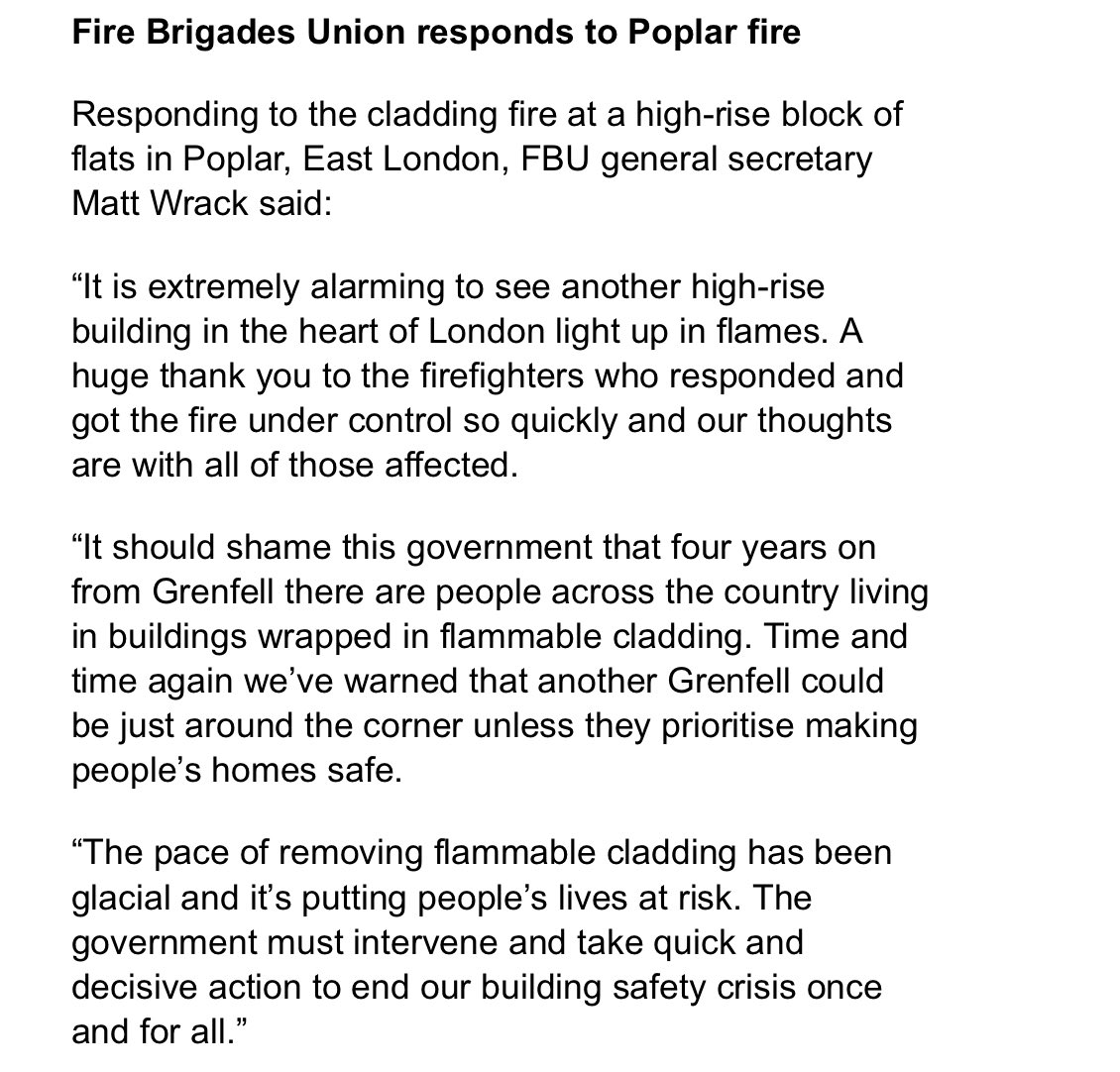 Statement from  @MattWrack from the FBU, he says the “pace of removing flammable cladding has been glacial, and its putting people’s lives at risk.”