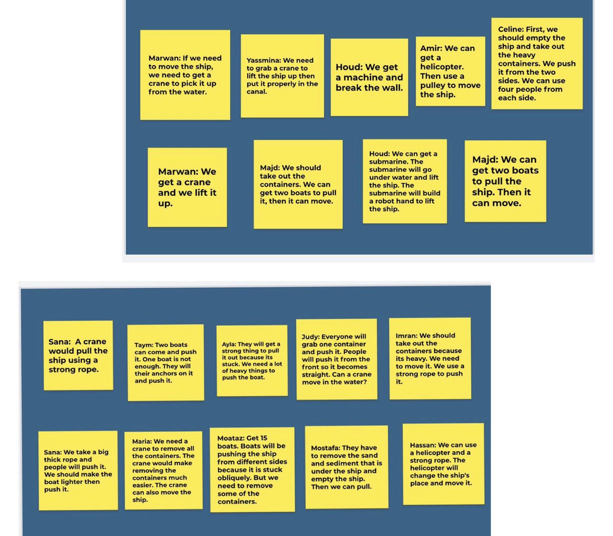Prime time news:Evergreen Cargo ship🚢got stuck while maneuvering into the Suez Canal resulting in blockage &amp; causing traffic! Our little engineers made use of their critical thinking skills to come up with a solution for this issue.<a href="/dina_jradi/">Dina Jradi</a> <a href="/Hhhsinfo/">Houssam Hariri HS</a> <a href="/DaraziFarah/">Farah Darazi</a> <a href="/TawilNoor/">Noor Taweel</a>