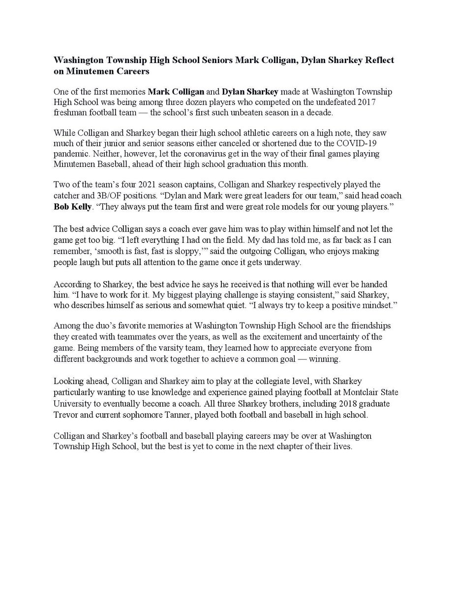 <a href="/colligan_mark/">Mark Colligan</a> <a href="/dylansharkey6/">Dylan Sharkey</a> Hi, thanks for filling out and sending your coach that questionnaire for Washington Township Neighbors magazine. Let me know what you think on this story, and send some pictures from your football/baseball playing days that can be used with it!