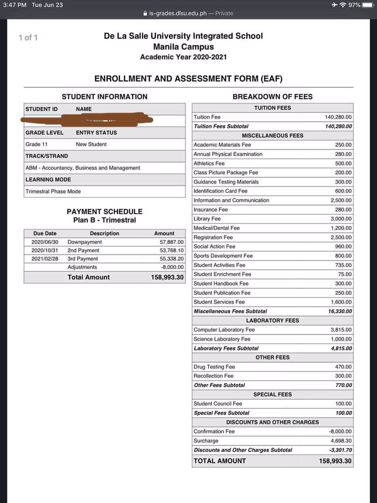 [ dlsu shs break down of fees, ref.: school year ‘20-‘21, source: from our dlsu abm telegram gc ] #lasalle  #results  #dlsu  #scholarship