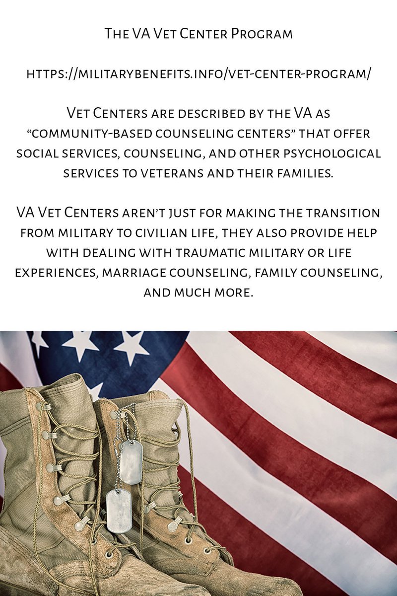 16/ The VA Vet Center ProgramVet Centers are described by the VA as “community-based counseling centers” that offer social services, counseling, and other psychological services to veterans and their families. https://militarybenefits.info/vet-center-program/
