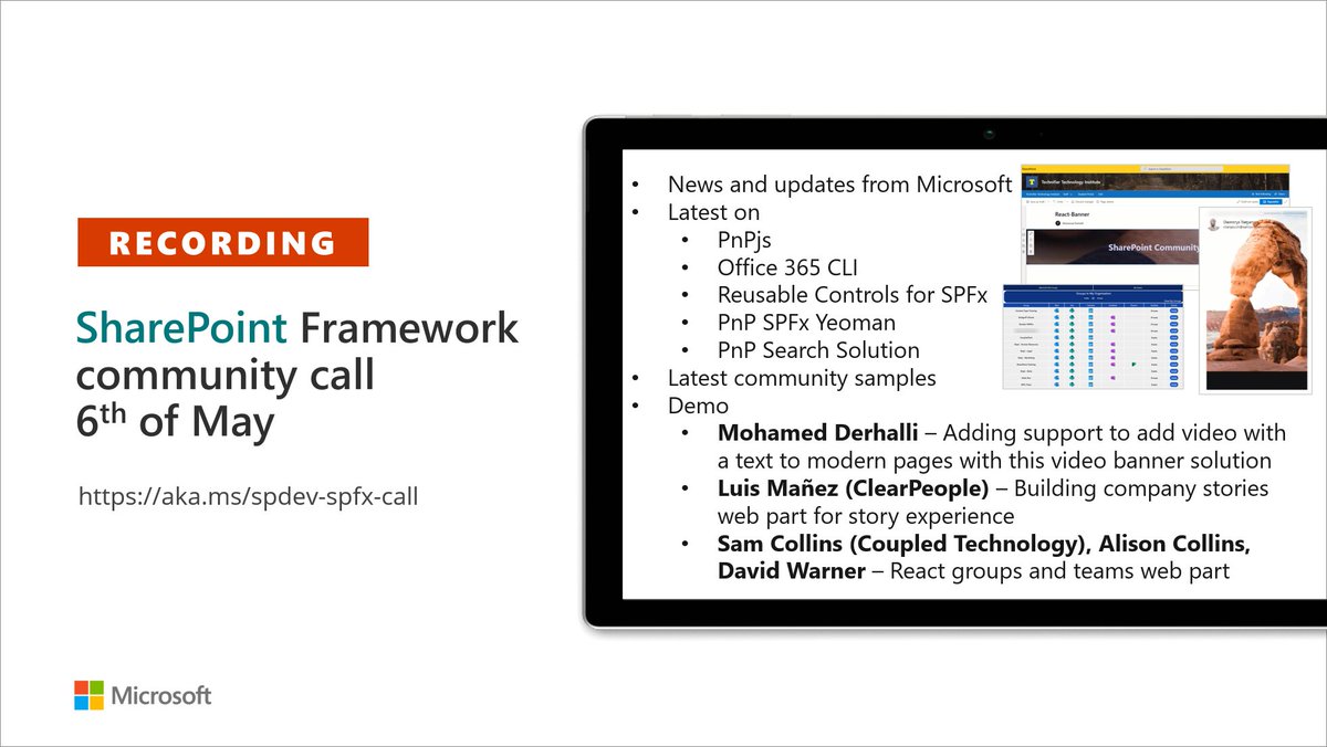 vesajuvonen's tweet image. 📼 Recording of the #SharePoint Framework community call 6th of May

✅ News and updates
✅ Demos on #Microsoft365dev, #SPFx, #MicrosoftGraph and #MicrosoftTeams
✅ Demos by @MohamedDerhalli, @luismanez, @samc148 and the amazing Alison Collins ✨

📺 → techcommunity.microsoft.com/t5/microsoft-3…