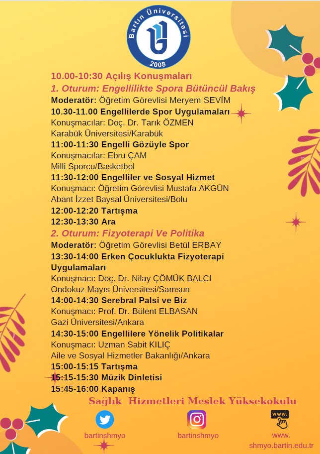 Engelli Sağlığı ve Hakları Sempozyumu
Katılımcı Formu: forms.office.com/Pages/Response…
@bartinedu <a href="/bartinshmyo/">Bartın Üniversitesi Sağlık Hizmetleri MYO</a> <a href="/uzun_orhan/">ORHAN UZUN</a> <a href="/haceryalnz1/">Hacer Yalnız Dilcen</a> 
shmyo.bartin.edu.tr/etkinlikler/en…