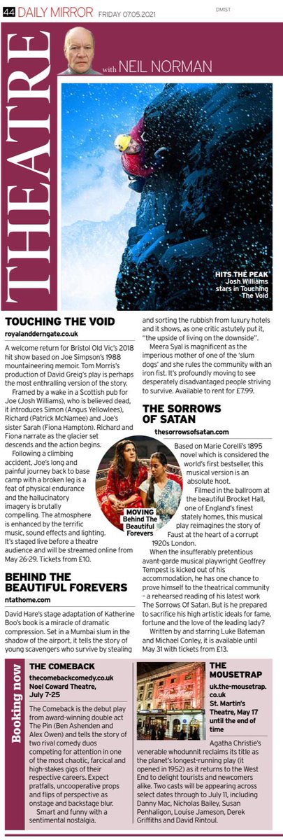 NJStreitberger's tweet photo. This week's online theatre recommendations include the amazing #TouchingtheVoid, the comically Faustian musical #TheSorrowsofSatan and the uplifting tale of downtrodden people #BehindtheBeautifulForevers. https://t.co/0Zyk4cPEn2