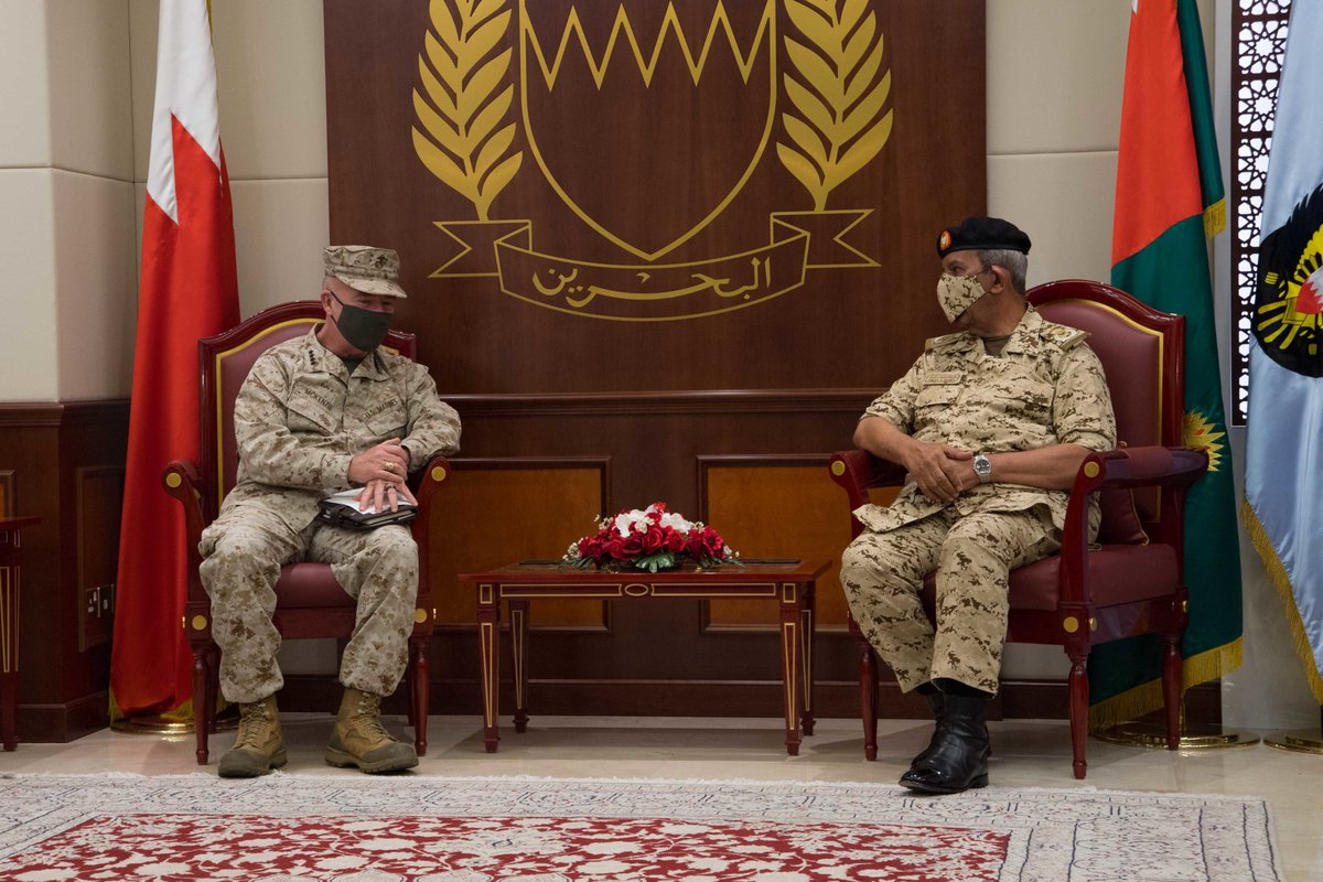 CENTCOM's tweet image. Gen Frank McKenzie speaks with Commander-in-Chief Bahrain Defence Forces Field Marshal Shaikh Khalifa Bin Ahmed Al Khalifa during a visit to #Bahrain Defence Force HQ to discuss ongoing operations, May 5. #CENTCOMCDR @USEmbassyManama