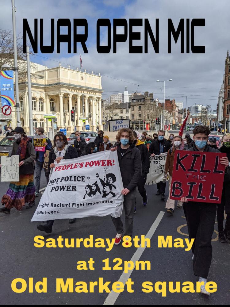 NottsUAR's tweet photo. Join us for our open mic in #nottingham market square tomorrow at 12 against the police and crime bill and british state racism. bring your placards, bring your chants and bring your fighting spirit!

#BLM #KilltheBill 

https://t.co/I0mwKQQSnN https://t.co/ZVZ6KomHv5