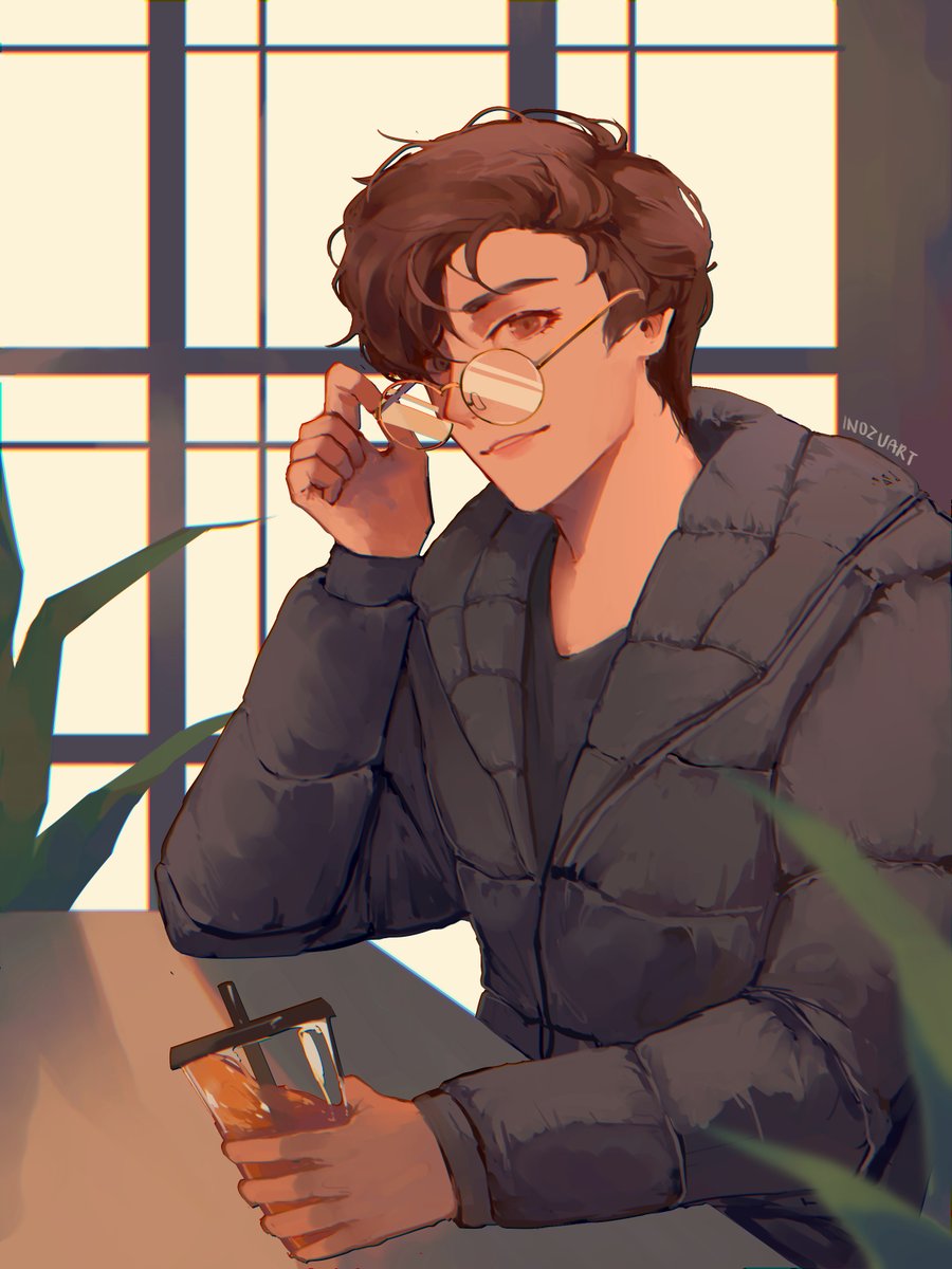 1boy male focus solo glasses brown hair holding cup  illustration images