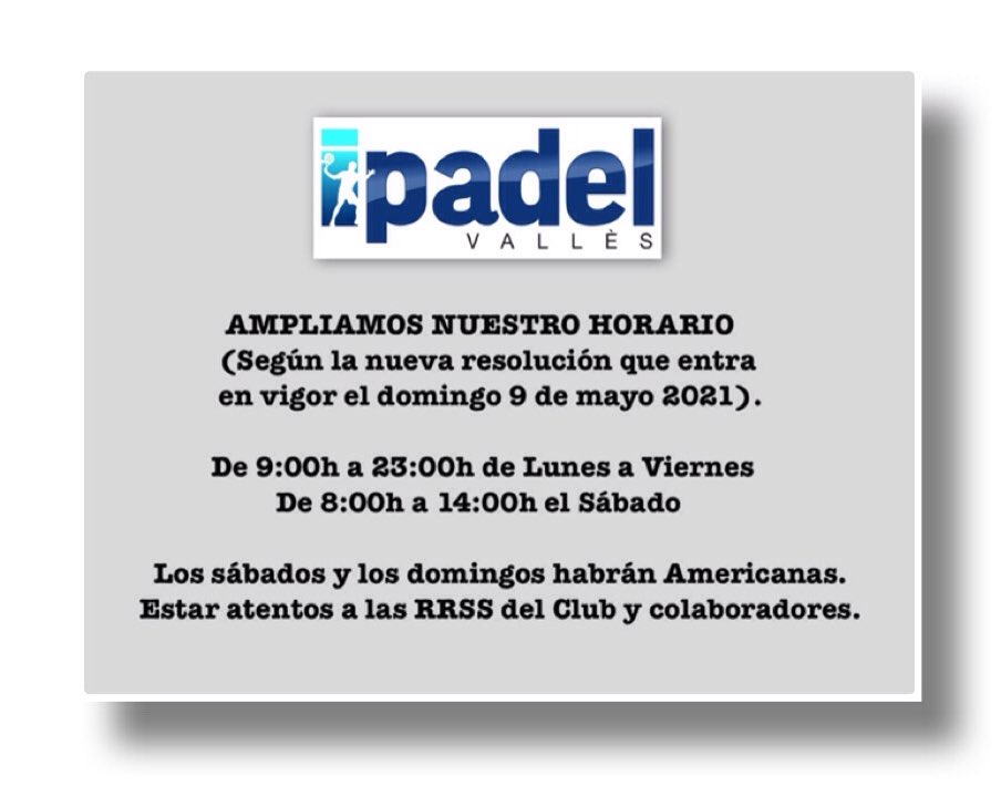 🆕 AMPLIEM HORARI: A partir del dilluns 10 de maig. Ja podeu reservar pista 💪🏻🎾. 

Gràcies a TOTHOM.

🆕 AMPLIAMOS HORARIO: A partir del lunes 10 de mayo. Ya podéis reservar pista 💪🏻🎾.

Gracias a TOD@S

#ipadelvalles #indoorpadel #padel #padelresponsable #padel😷 #amicsipadel