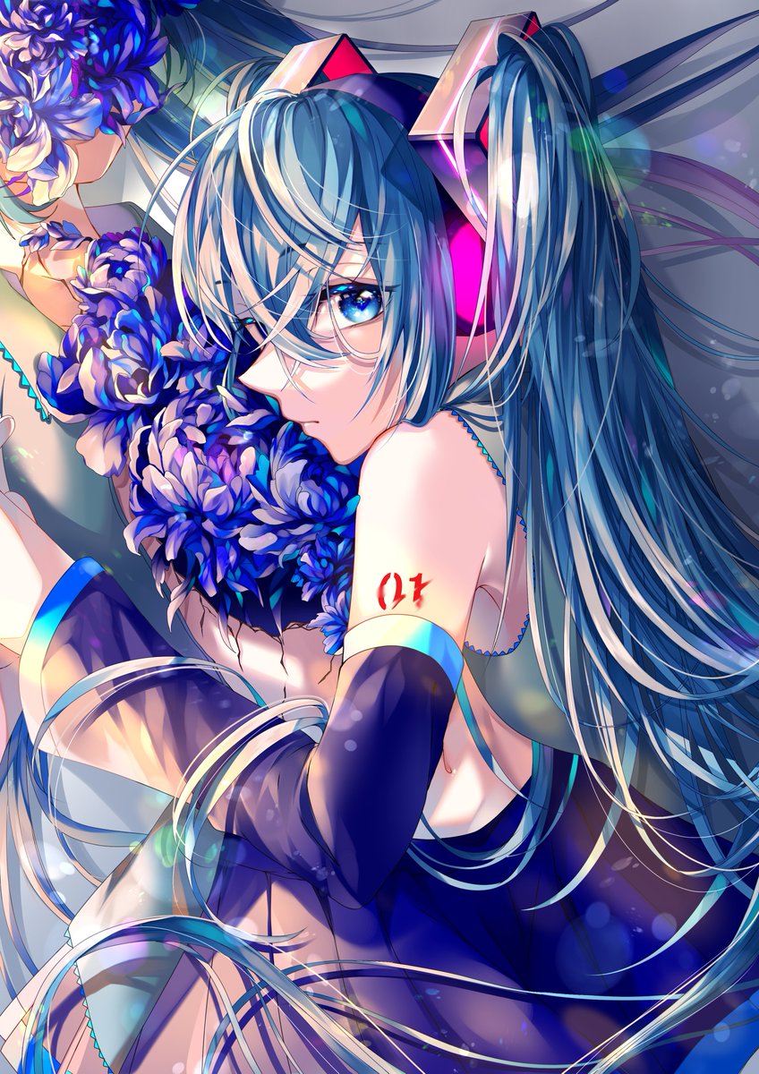 hatsune miku 1girl long hair solo detached sleeves flower bouquet blue eyes  illustration images