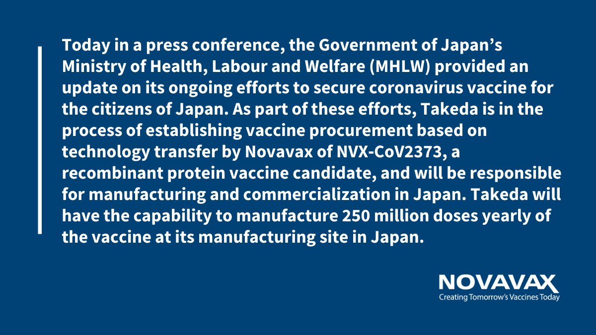 Novavax's tweet photo. Novavax Statement on Ministry of Health, Labour and Welfare’s Announcement Regarding Procurement from Takeda of NVX-CoV2373 for Japan https://t.co/ZI3EKZoq12 https://t.co/KCn7uGxpsH