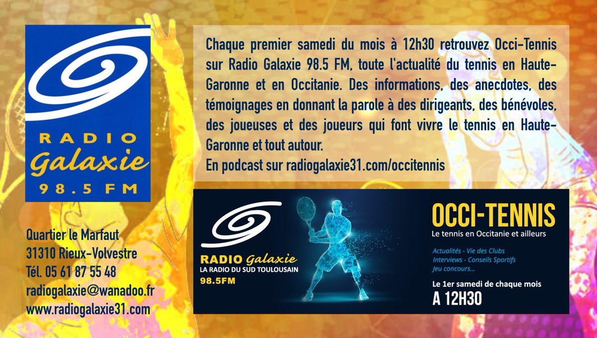 🔜 📻 🎾R.V Samedi 8 Mai sur Radio Galaxie 98.5 FM à 12h30, avec "Occi-Tennis", pour une émission dédiée à l'actualité du Tennis Occitan. Ce mois, l'invité sera <a href="/PhilippeBelou/">Belou Philippe</a>, Président de notre Ligue. 
L'émission sera également accessible sur le web : radiogalaxie31.com/occitennis