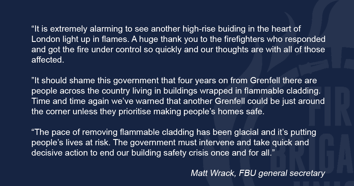 Thank you to the crews who responded to the high-rise fire in Poplar.

Nearly 4 years after Grenfell, we should not have buildings still wrapped in flammable cladding.

The government must take action to end this building safety crisis once and for all. lght.ly/lel519d