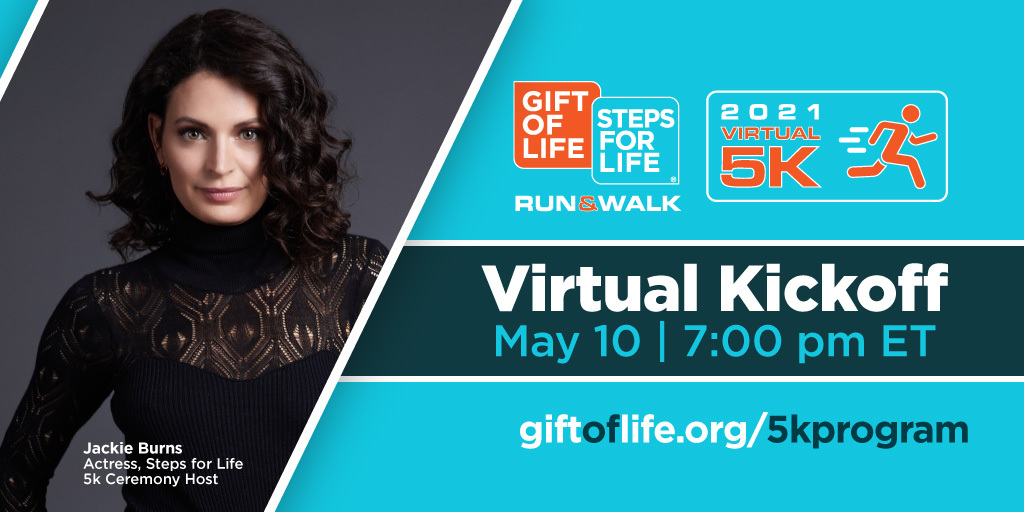 Excited to announce that actress @jackieburnsnyc will serve as our Steps for Life Virtual 5k Ceremony host! Burns holds the title of Broadway’s🎭 longest running Elphaba in WICKED, and starred in the national tour of If/Then. 🏃 5k registration: giftoflife.org/virtual5k
