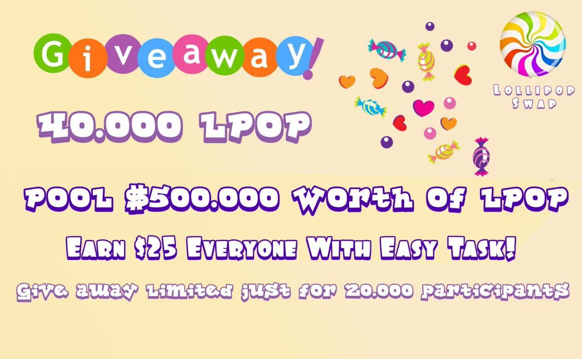 AirdropKingNews's tweet photo. New Airdrop: Lollipopswap Give Away
Reward: 1.00 LPOP (~$25)
Rate: ⭐️⭐️⭐️⭐️
Focus: Distributed on After the giveaway ended

📋Fill the Form: https://t.co/iPt1DibT0E

📖 Step-by-step guide:
🔹Referral Code: @AirdropKingNews 

✅Complete Social Media Tasks ✅
#LPOP #AirdropKingNews https://t.co/cHoGmnRvQf