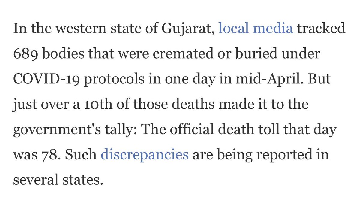 We can get an estimate of how much deaths are undercounted in this crisis based on how many bodies are cremated in a day in a given region versus deaths reported that day in the same place. Studies show 10x discrepancy.  @NPR  @lfrayer  @Neoavatara  https://www.npr.org/sections/goatsandsoda/2021/04/30/992451165/india-is-counting-thousands-of-daily-covid-deaths-how-many-is-it-missing