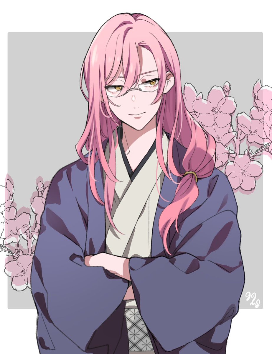 japanese clothes male focus 1boy pink hair glasses solo yellow eyes  illustration images