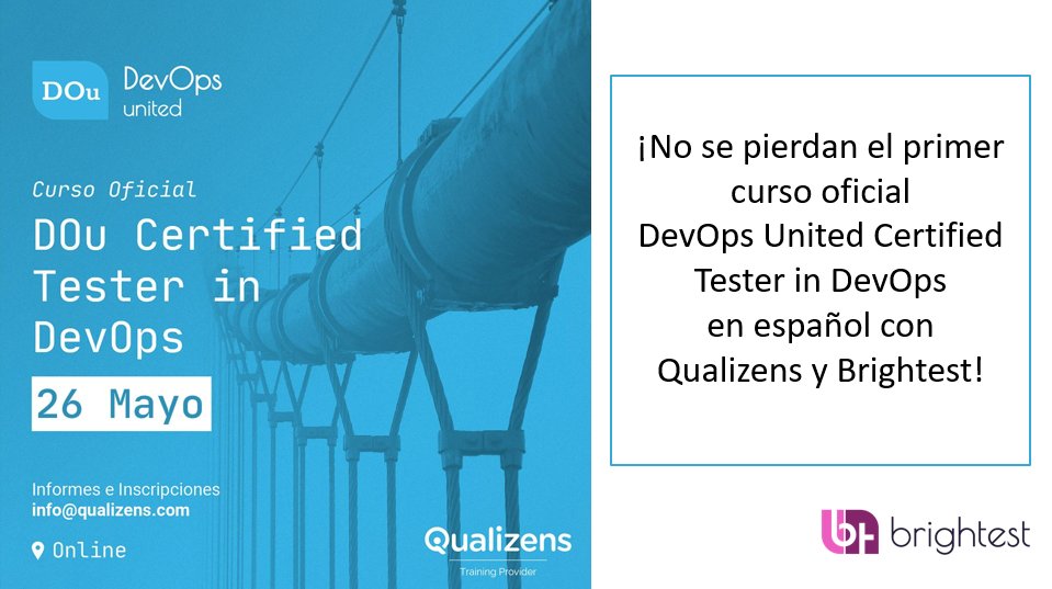 DevOps United (@devopsunited) on Twitter photo Primer curso Certified Tester in DevOps Foundation Level #Online en #espanol impartido por Master Trainer <a href="/guino/">Guino Henostroza</a> (<a href="/qualizens/">qualizens</a> ) y #examen de #certificacion via <a href="/BrightestOrg/">Brightest</a> , ¡no se lo pueden perder!
Inicio: 26 de Mayo
Más información: lnkd.in/gGJMvxw
info@brightest.org Primer curso Certified Tester in DevOps Foundation Level #Online en #espanol impartido por Master Trainer <a href="/guino/">Guino Henostroza</a> (<a href="/qualizens/">qualizens</a> ) y #examen de #certificacion via <a href="/BrightestOrg/">Brightest</a> , ¡no se lo pueden perder!
Inicio: 26 de Mayo
Más información: lnkd.in/gGJMvxw
info@brightest.org