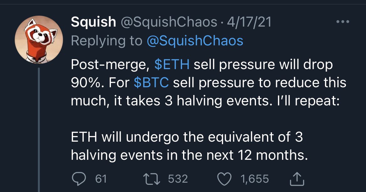 5. The “Triple-Halvening”This concept refers to the upcoming equivalent of 3 halving events for  $ETH, which will result in a 90% drop in sell pressure from minersI’ll point to some tweets from  @SquishChaos to explain this in further depth below: