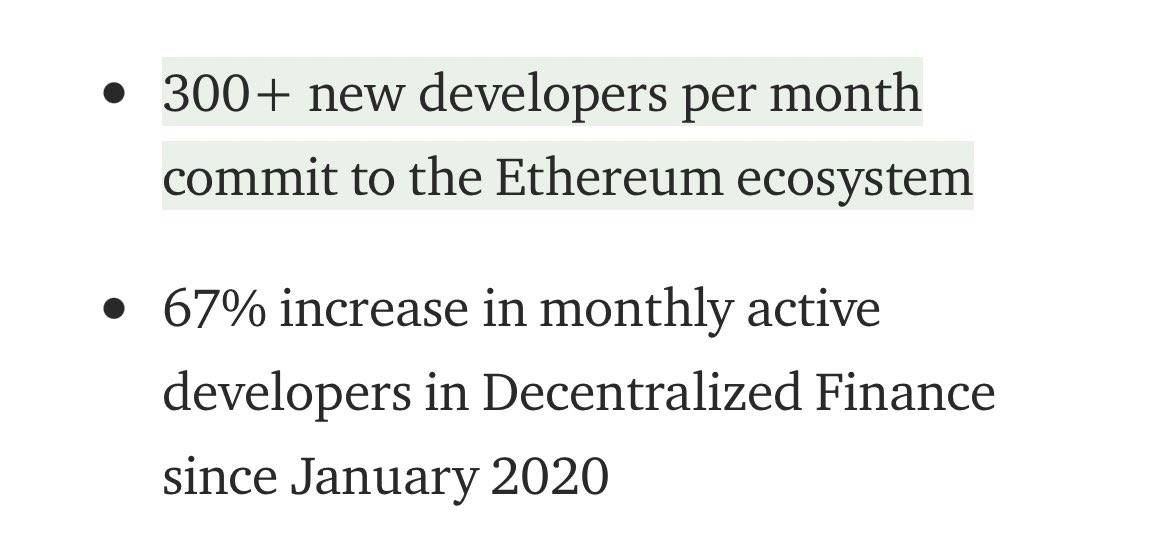 6. DevelopersWhether you like it or not, no serious project is building (primarily) on a network like  $BSC,  $ETH has all of the attention in the spaceA total of 94 out of the top 100 crypto projects are built on  $ETH, with more than:-3,000 dapps-200K ERC20’s