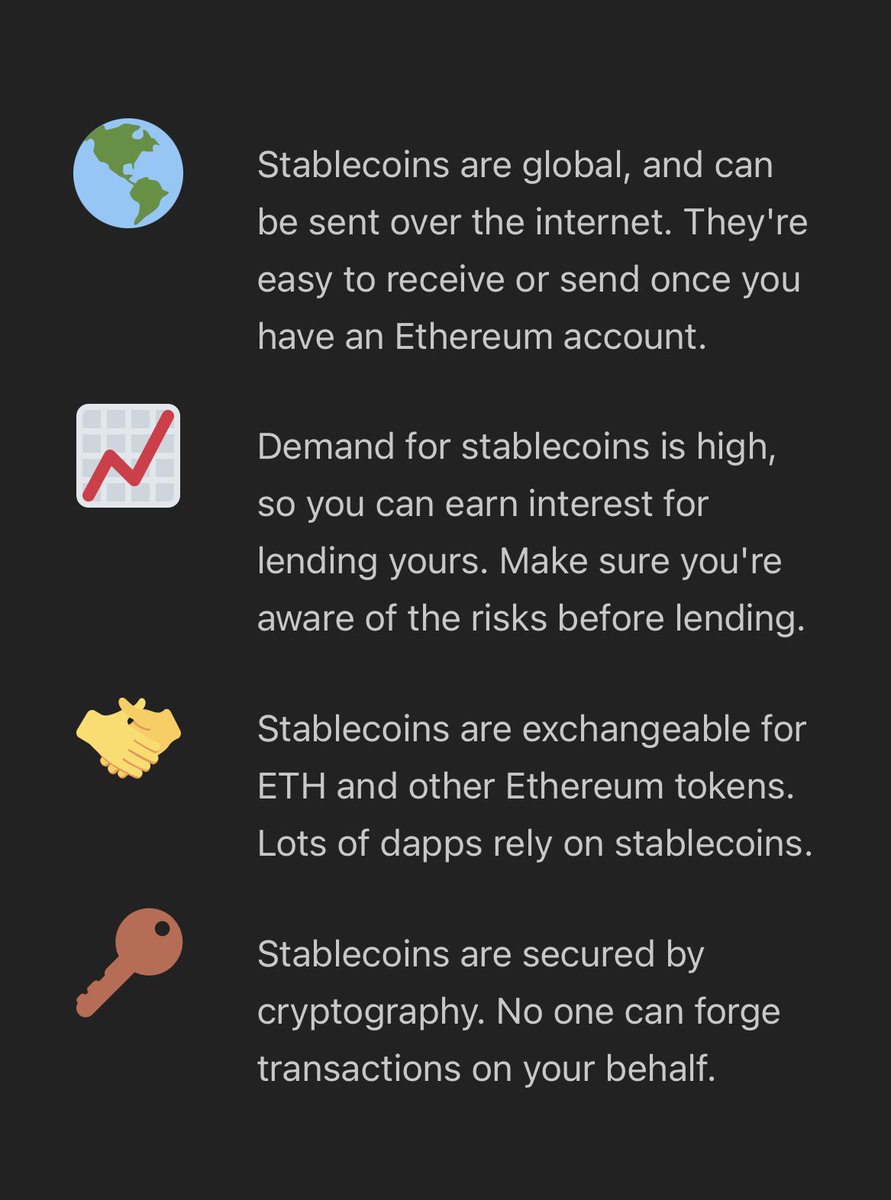 14. StablecoinsRight now more than $80B worth of assets are represented in stable coins on  $ETHThese stable coins make up over $100B worth of trading volume on the networkAdditionally, VISA has recently announced that they will be accepting  $USDC for transaction settlement