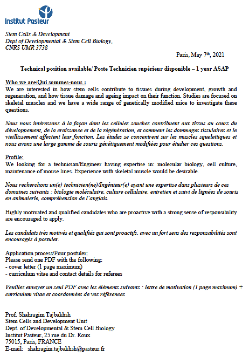 Technician position available asap <a href="/LabTajbakhsh/">Tajbakhsh lab</a>. Please RT.