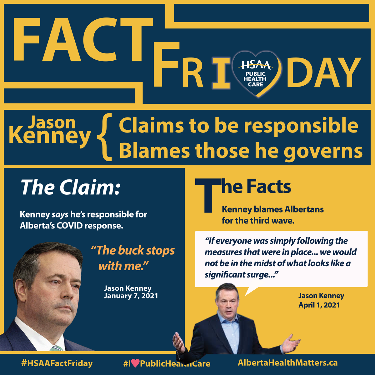 HSAAlberta's tweet photo. Jason Kenney claims to be responsible for Alberta's COVID response, then blames Albertans for the third wave. #IHeartPublicHeathCare #HSAA #abhealth #abpoli #ableg #HSAAFF #FactFriday https://t.co/5ByIKMmQpk