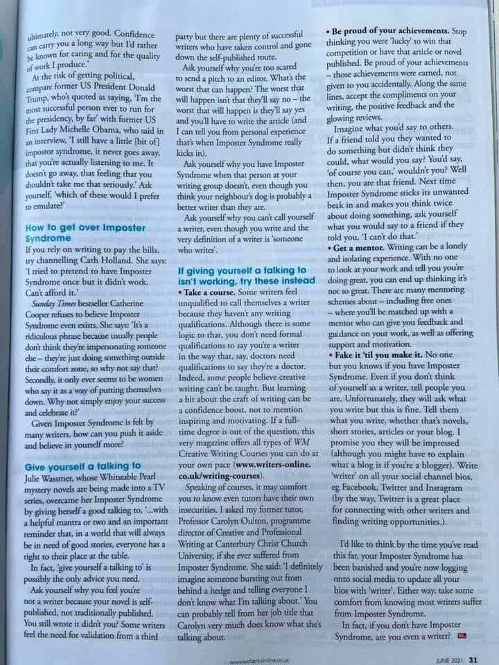 I'm delighted to have an article about #impostersyndrome in this month's <a href="/WritingMagazine/">Writing Magazine</a>. Thanks to <a href="/cathholland01/">Cath Holland</a> @nikperring <a href="/JBavingtonJones/">Jo Bavington-Jones</a> <a href="/angelreadman/">angela readman</a> <a href="/juliewassmer/">Julie Wassmer</a> <a href="/catherinecooper/">Catherine Cooper</a> for their input.