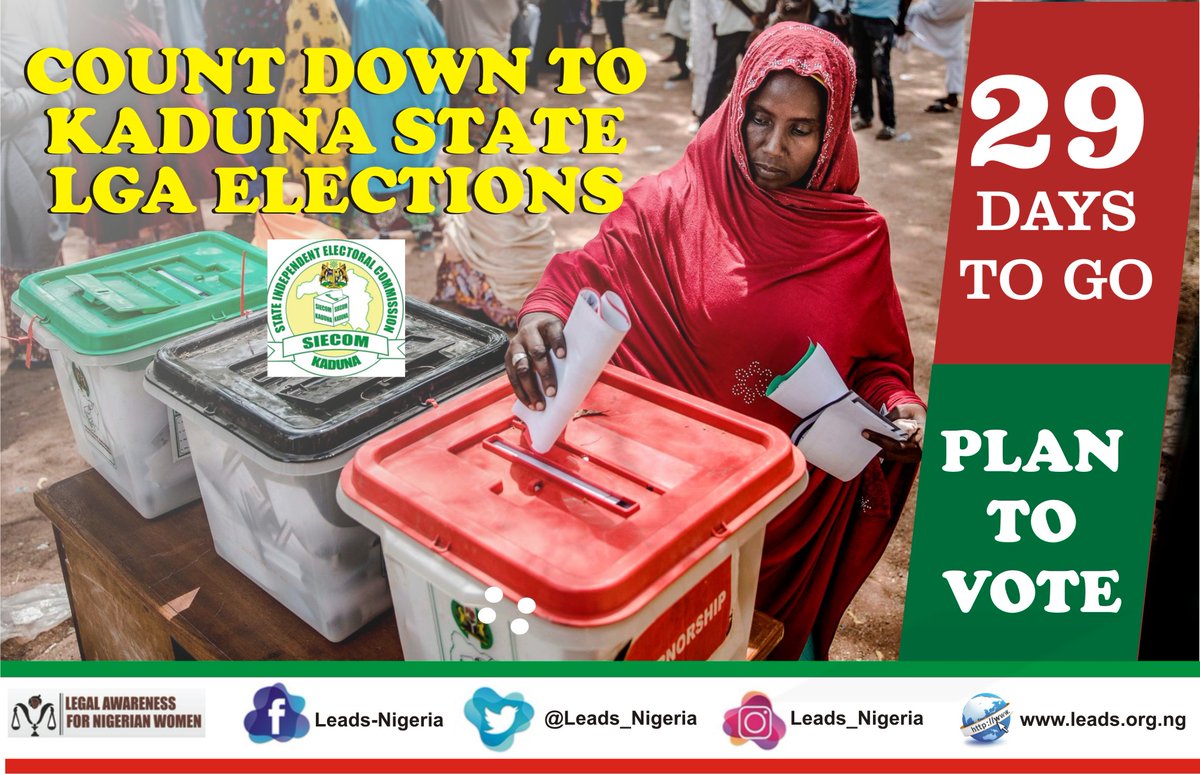 Count to Kaduna State LGA elections slated for 5th of June, 2021. 
Plan to vote.
Get ready to vote. 
29 days to Go. 
LANW encourages citizens to turn out en masse to vote.
<a href="/kadsiecom/">Kadsiecom</a> <a href="/SakoRebecca/">Rebecca Sako-John</a> <a href="/CAID_Nigeria/">Christian Aid in Nigeria</a> <a href="/macfound/">MacArthur Foundation</a> <a href="/NDI/">National Democratic Institute</a> <a href="/calped4devt/">#InclusiveDevelopment</a> <a href="/h4ccinitiative/">Hope for Communities and Children - H4CC</a> @EWEI1 <a href="/Aboh28/">Mikhael Aboh 🇳🇬</a>