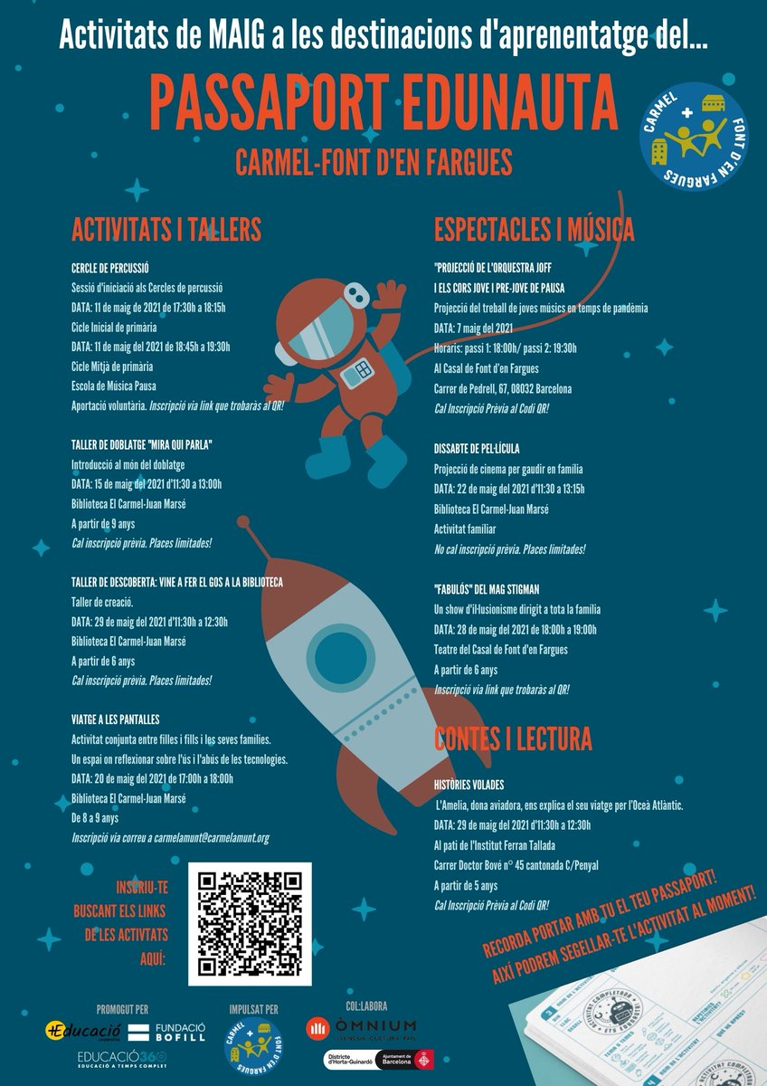 A +Educació Carmel i Font d'en Fargues les activitats del #PassaportEdunauta no s'aturen per aquest mes de maig! Aquells infants que tingueu el Passaport Edunauta entre mans, teniu moltes més opcions per seguir segellant el vostre passaport! Som-hi!