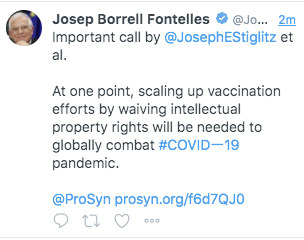 Remember last month when EU foreign policy chief Borrell tweeted support for waiving some intellectual property rules to scale up vaccine production globally? Then deleted it... Message control at the Commission is fierce, I guess: must be all pro-pharma-profits at all times.