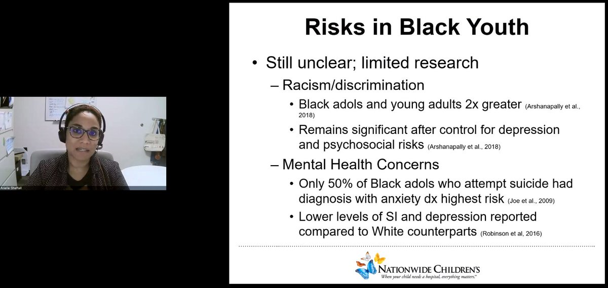 Dr. Sheftall notes that some of the limited research on suicide in Black youth finds increased risk due to racism/discrimination. Anxiety, not depression, more highly correlated with suicide ideation in Black youth.