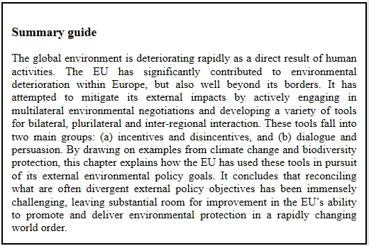 Chapter 3, by  @KatjaBiedenkopf and  @Groen_Lisanne is a brand new chapter summarising the different forms of External EU environmental Policy arguing the EU uses two key sets of tools: incitives/disincentives or dialogue and persuasion.8/25