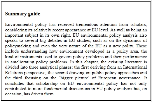 Chapter 4, by Andrea Lenschow, considers how the study of EU environmental action has changed overtime – what theories, institutions, policy areas we’ve focused on, and what contributions this body of work makes to our broader understanding of the EU.9/25
